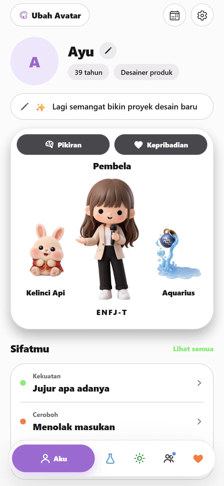 Profil Ayu di Sumaself: avatar dengan shio Kelinci Api, zodiak Aquarius, dan tipe ENFJ-T.