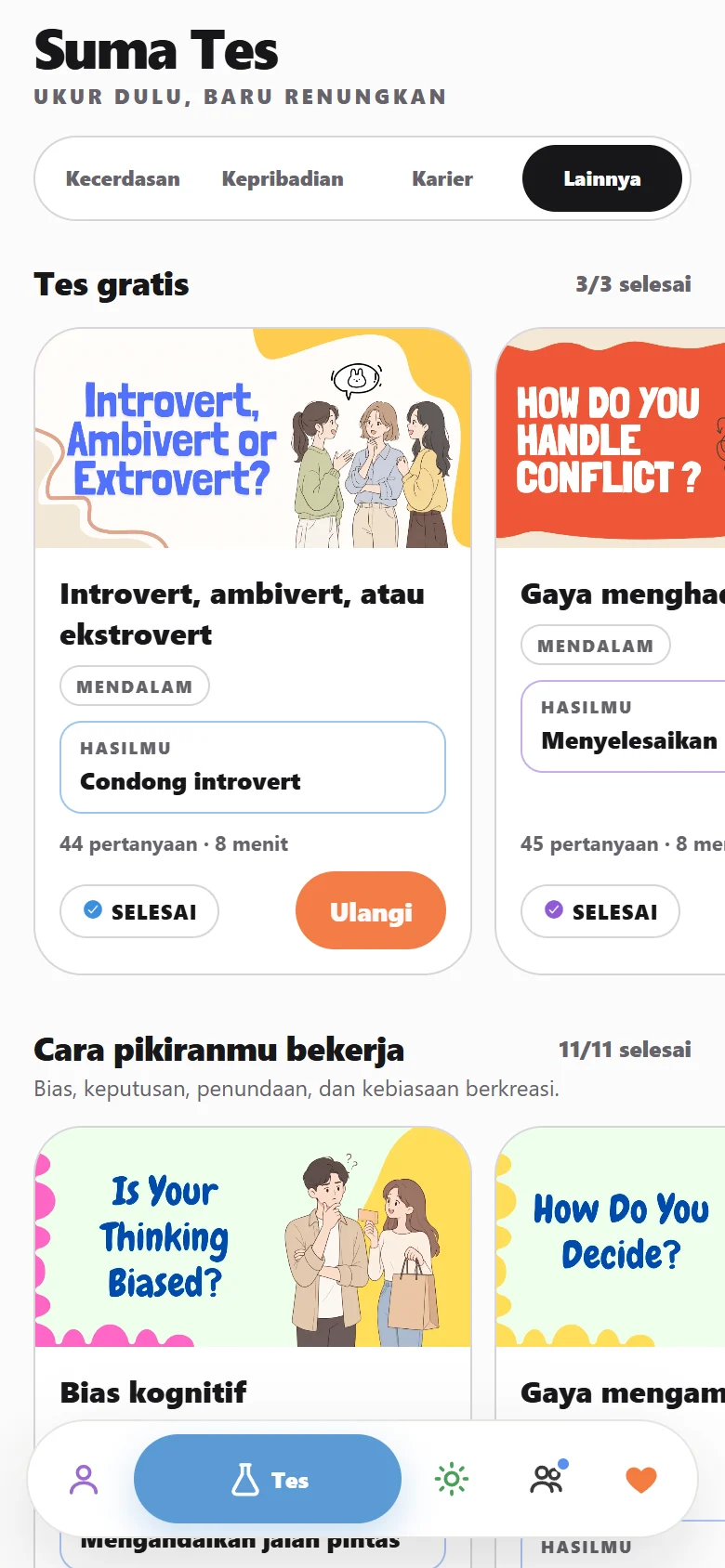 Halaman kuis di Sumaself: Introvert, ambivert, atau ekstrovert dan Gaya menghadapi konflik.